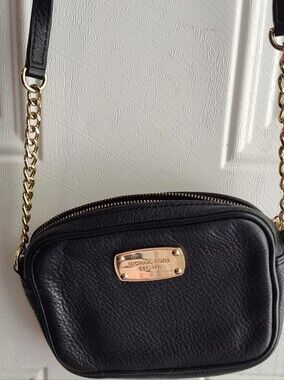 Michael Kors Black Pebbled Leather Crossbody Bag with Gold Chain
